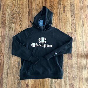 Champion Relaxed Powerblend Black Hoodie Womens Pink White Logo Large NWT